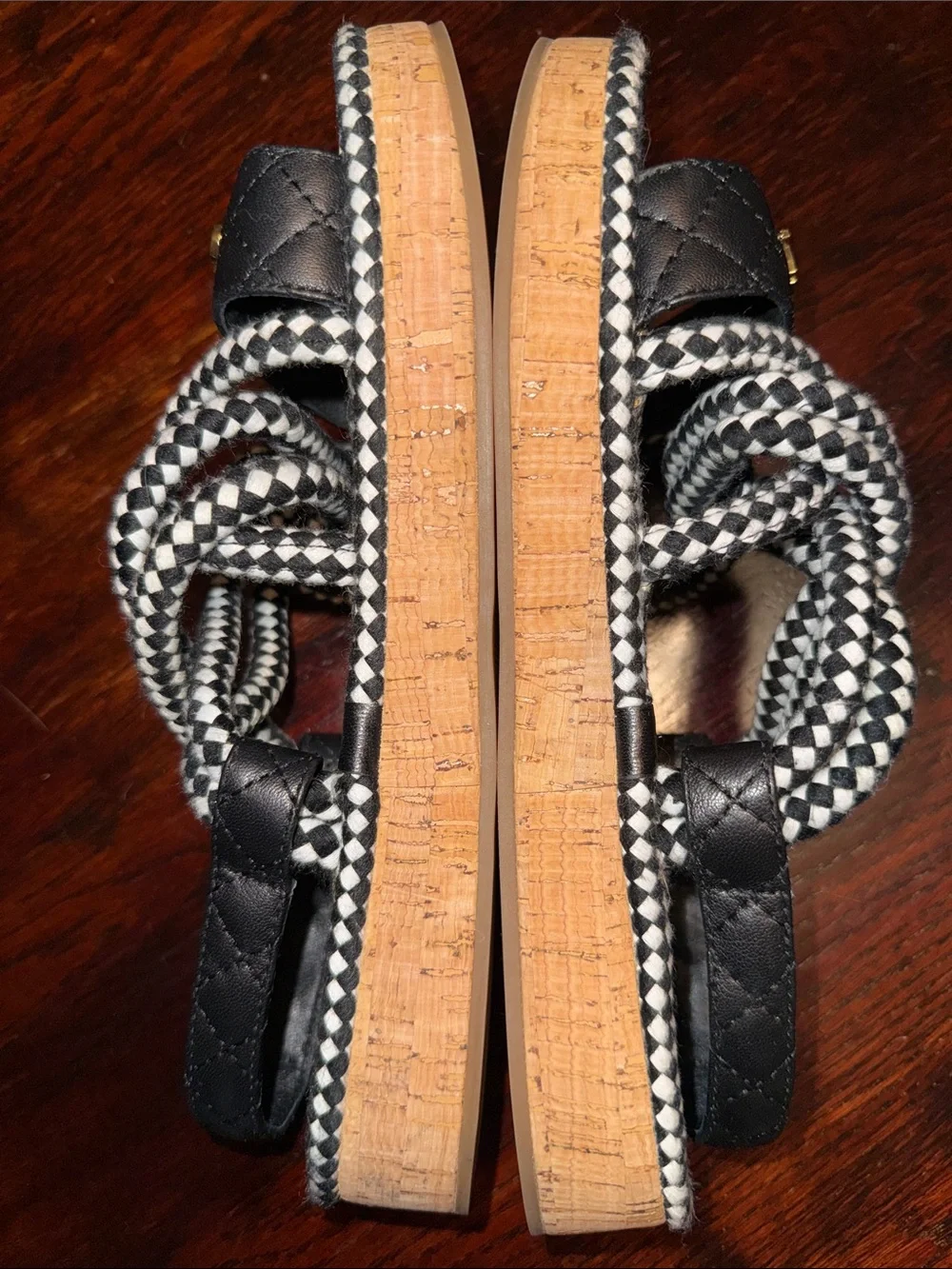 Chanel black and white braided cord and lambskin leather dad sandals